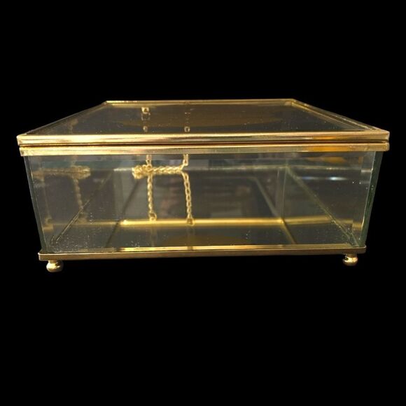 Feather Print Glass Trinket Box Vintage 90s Jewelry Gold Tone Western Bohemian - Picture 13 of 16